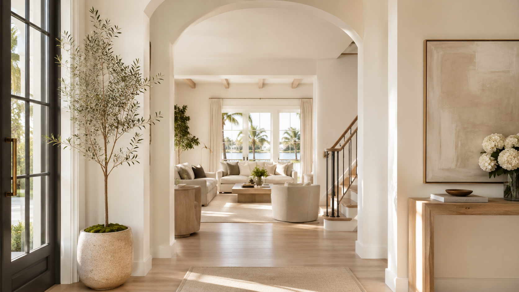 Refined light-filled Florida residence with arched architectural details and calm neutral interiors.