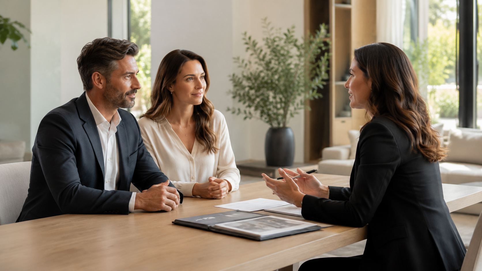 Residential advisor in a private consultation with clients reviewing their home purchase priorities.