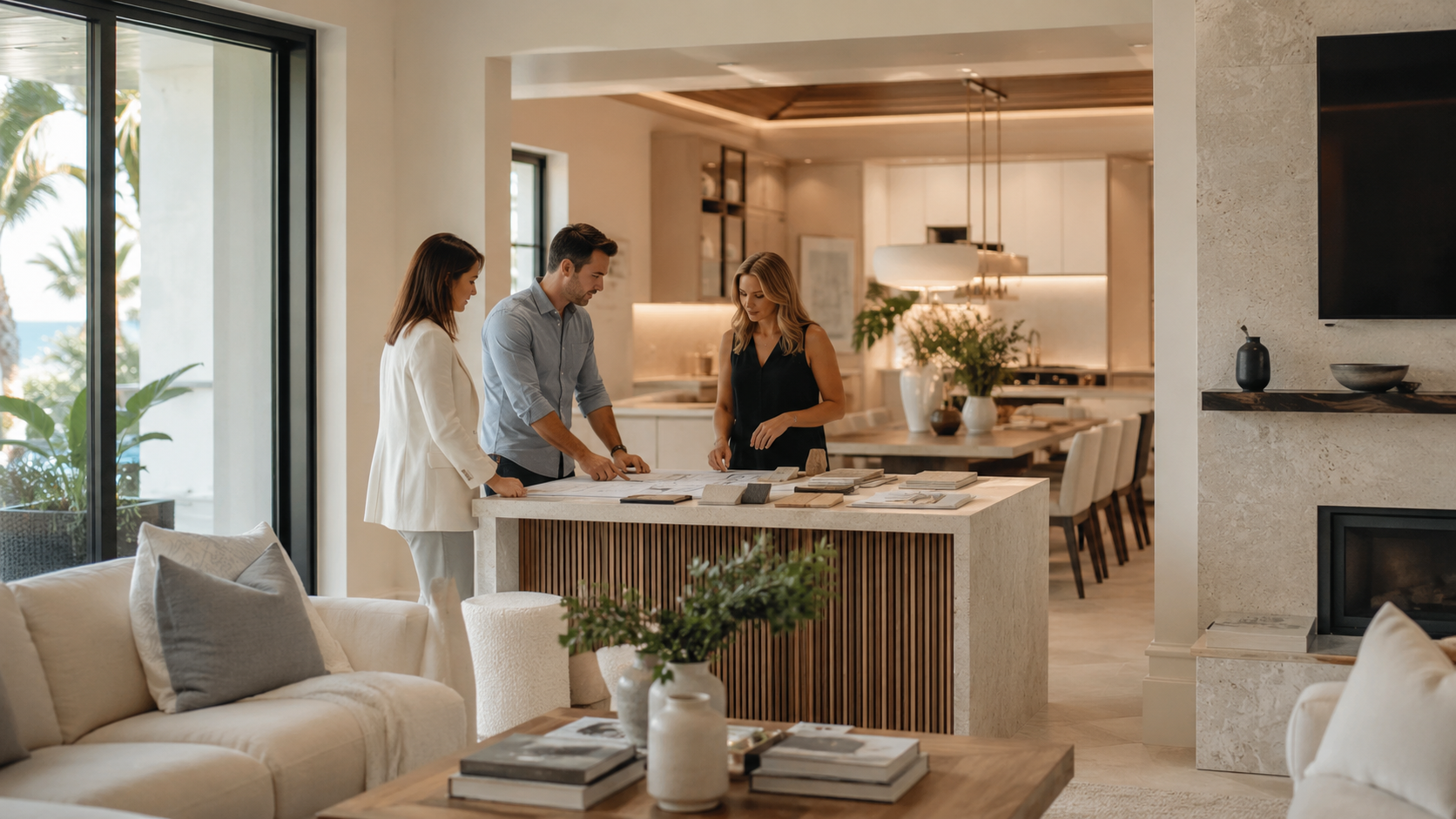 Formvale residential advisor guiding clients through plans in a warm modern Florida home.