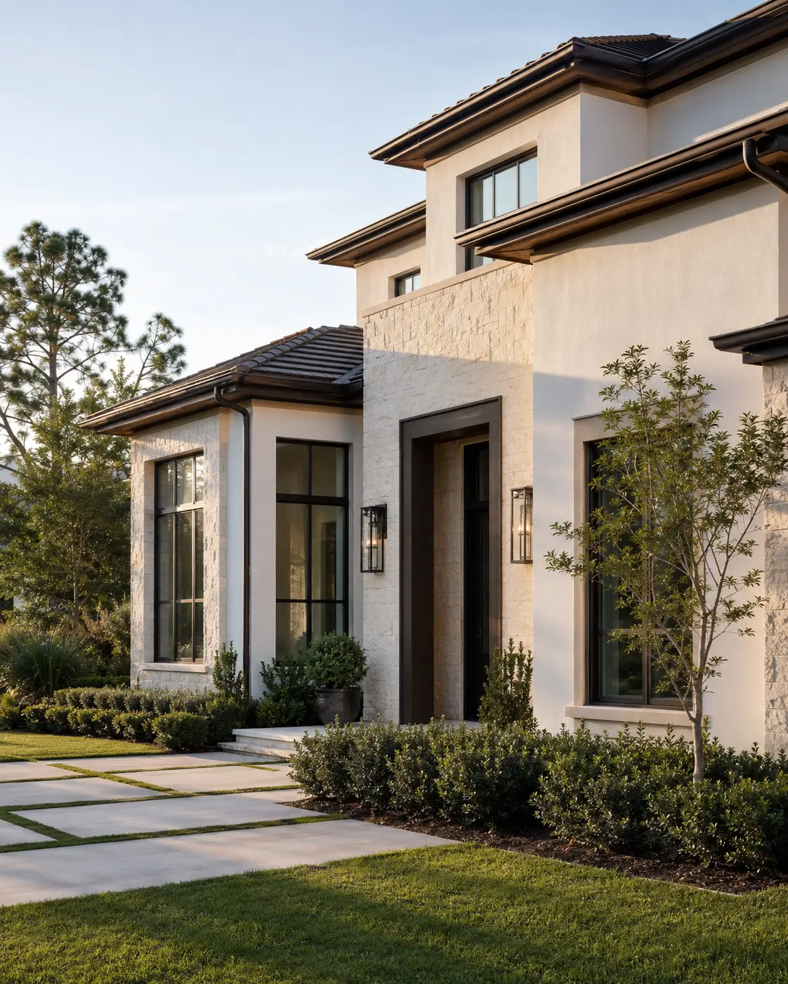 Vertical view of a contemporary Florida home with refined landscaping and warm architectural details.