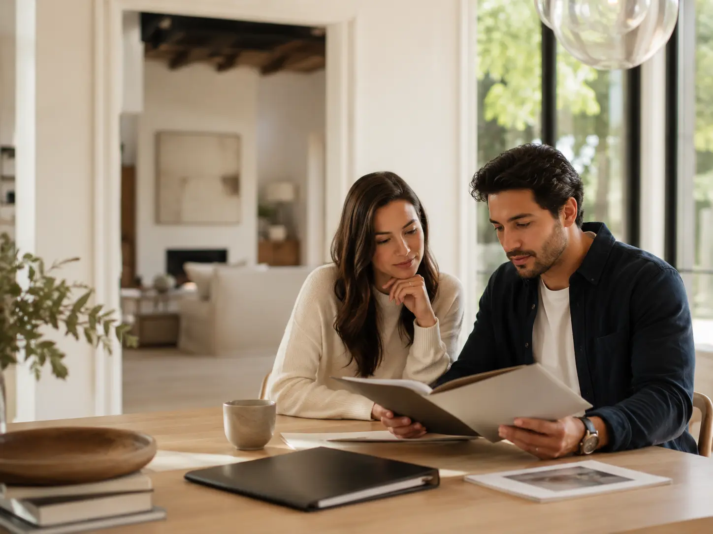 Couple reviewing residential options together at home.